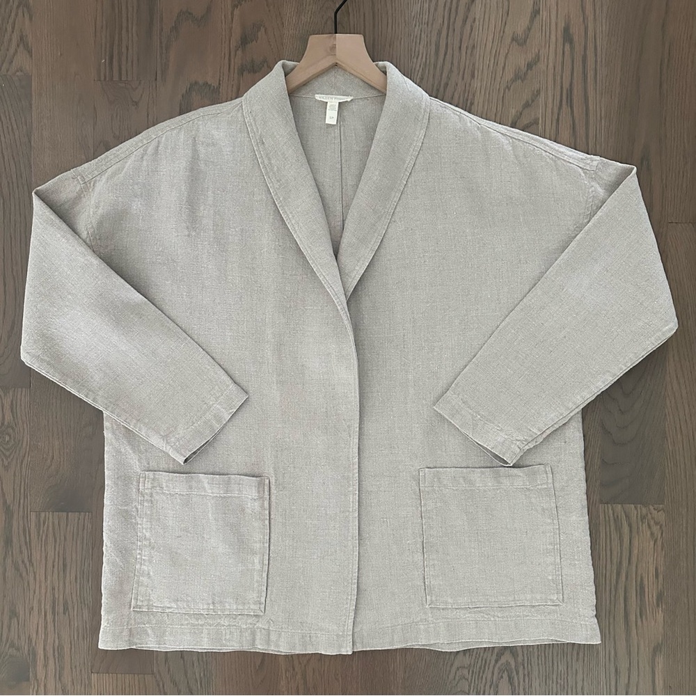 Eileen Fisher 100% Linen Heavyweight Shawl Collar Open Jacket Natural Tan Small